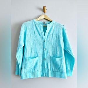 Vintage turquoise button down cardigan size S. Last image for outfit inspo only